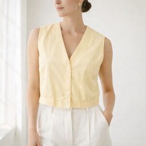 VTG 90s Cristin Stevens Yellow Button Up Vest Medium Boxy Crop V-Neck Elastic